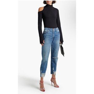 NEW GOOD AMERICAN girlfriend cropped distressed high rise tapered jeans 6 /28